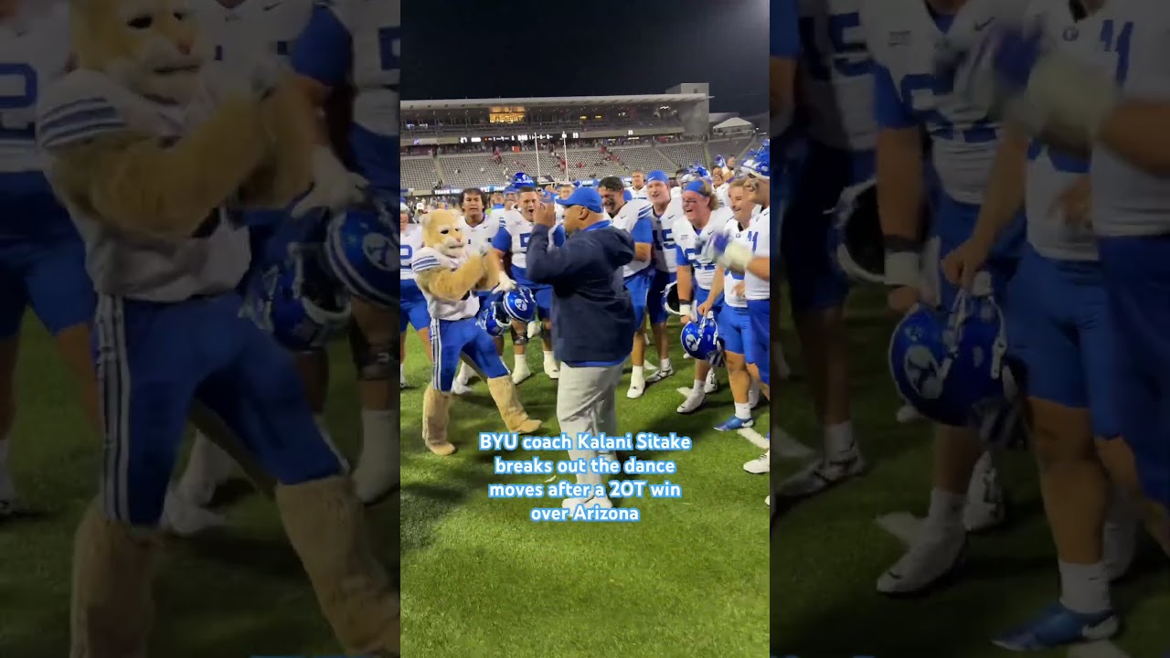 BYU coach Kalani Sitake breaks out some dance moves after the win over Arizona
