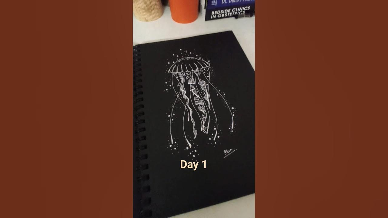 Day 1/10 of black sketchbook Jellyfish drawing on Brustro brustro 