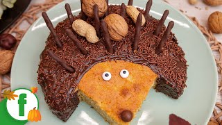 Hedgehog cake with apple sauce, chocolate, chocolate sprinkles and Mikado sticks