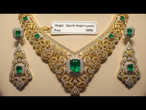 صورة تصميم قلادة ذهبية مرصعة بالألماس الأخضر الزمردي والأبيض مجموعة مجوهرات رويال ديزاين