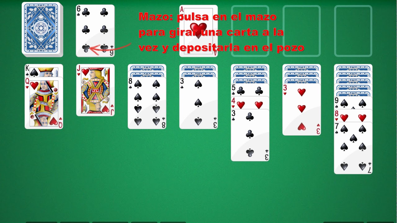 jugar al solitario cartas clásico (Klondike) en Español incluye reglas del juego. -