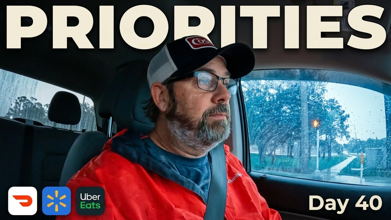 Derek sitting in his truck during a rainy delivery shift while balancing gig work and creative work