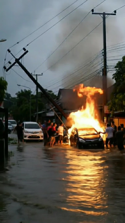 BIKIN TEGANG‼️Detik Detik Mobil Terbakar Karena Tertimpa Tiang Listrik😱😱