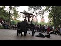 Acrobatics on colin huggins piano  aryn shelander  jeffry stilt perform in washington square park