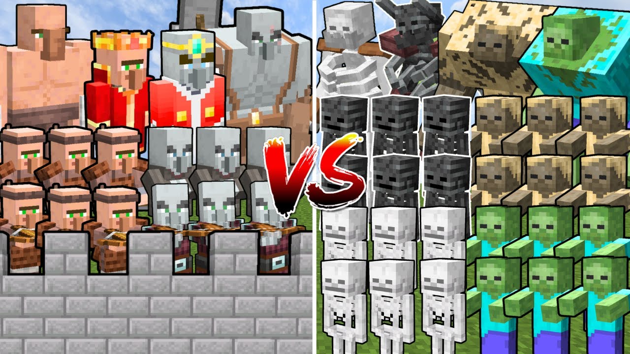 ZOMBIE AND SKELETON ARMY vs VILLAGER AND PILLAGER ALLIANCE | Minecraft Mob Battle