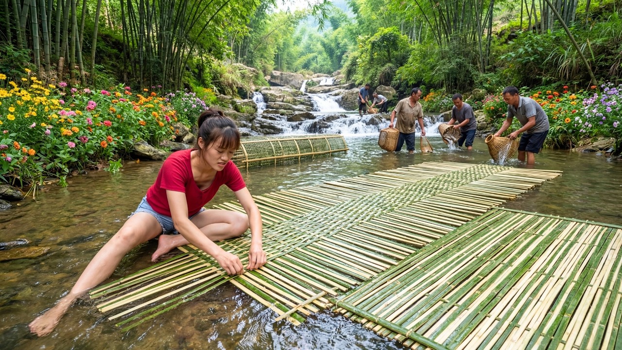 Building a Giant Fish Trap in the Stream During the Flood Season, Bushcraft | Living With Nature
