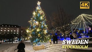 STOCKHOLM - Night Walking Tour - 4K - Winter (-10°C) - Sweden