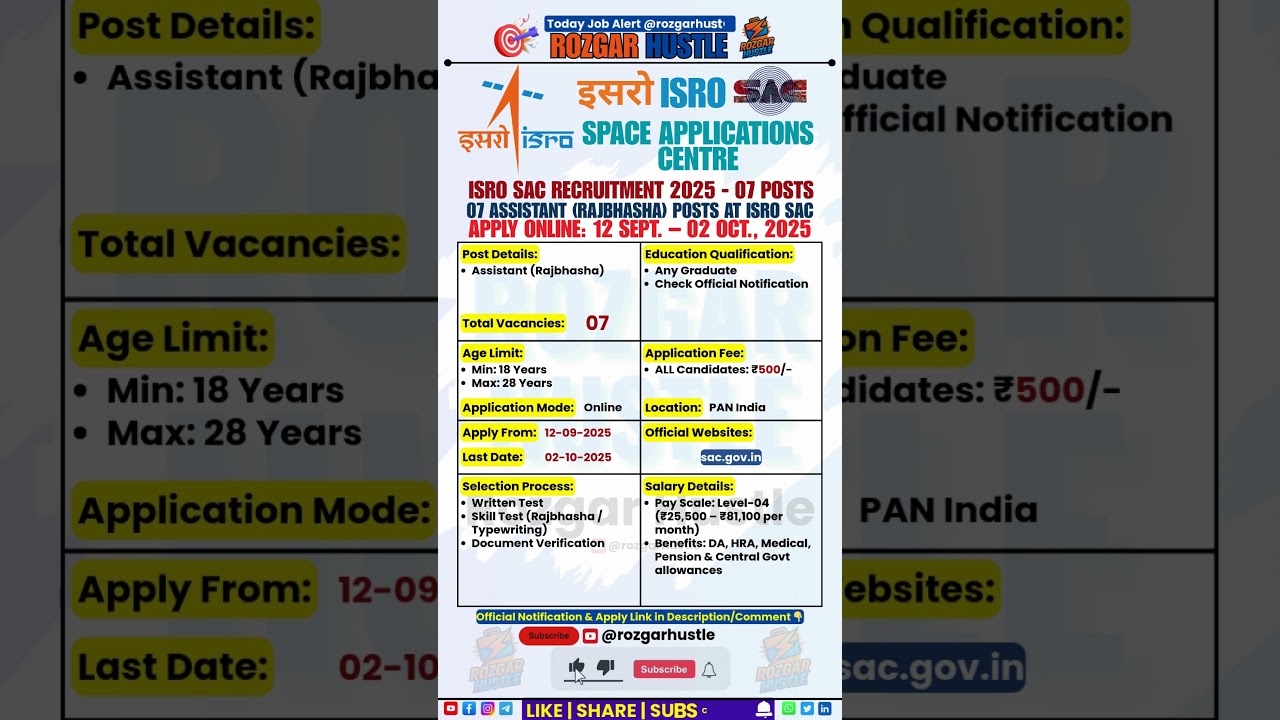 ISRO SAC Assistant Recruitment 2025 | 7 Rajbhasha Posts | Apply Online 