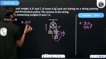 Three equal weight \(A , B\) and \(C\) of mass \(6 kg\) each are having on a string passing over....