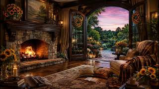 Golden Sunset Fireplace Ambience 🌻 Cozy Sunflower Room with Crackling Fire & Garden View