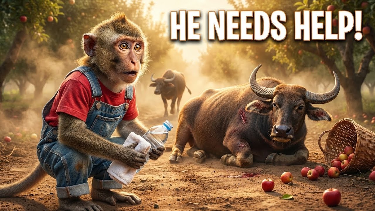 The Apple Harvest Turns Into A Rescue Mission… The Injured Buffalo Is Saved! 🐒🍎🐃