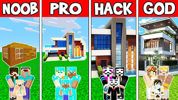 Minecraft: FAMILY LUXURY MODERN HOUSE BUILD CHALLENGE - NOOB vs PRO vs HACKER vs GOD in Minecraft