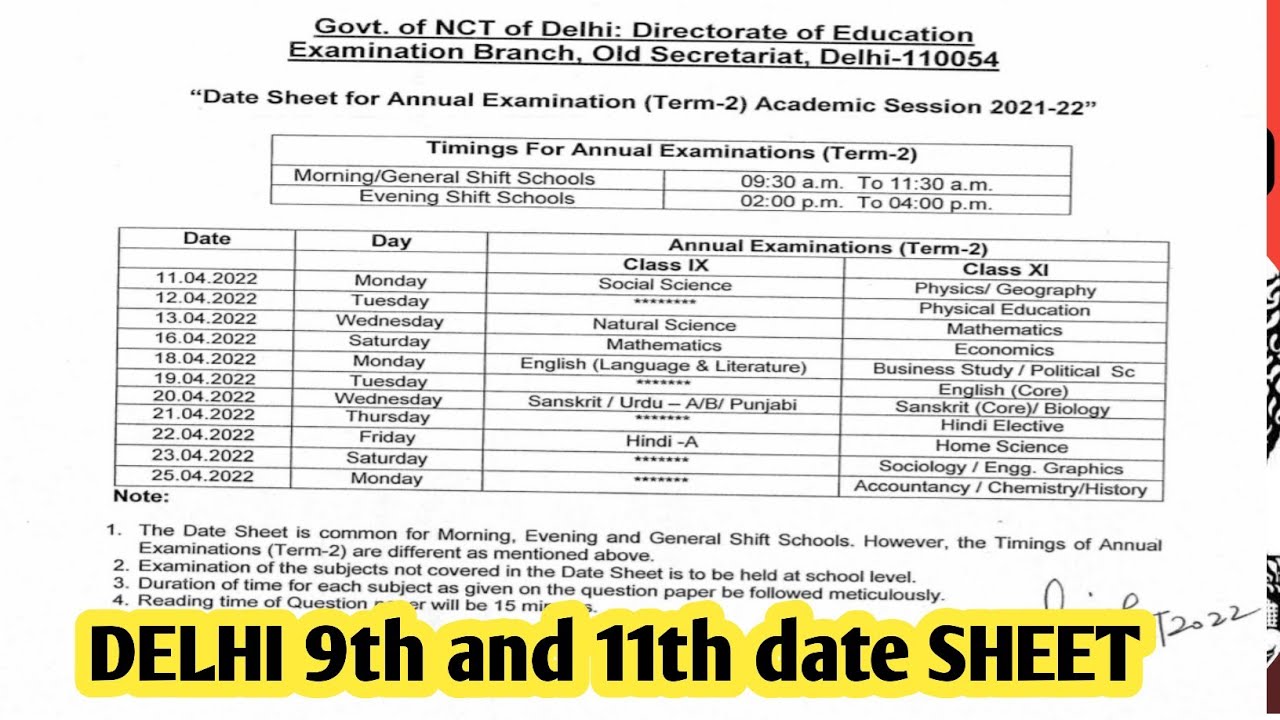 DATE SHEET IN DELHI OF CLASS 11th and 9th, DOE DATE SHEET, TECHYSIRJI