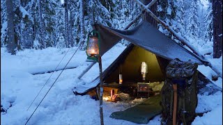 Winter Solo Overnight  Canvas Lavvu Hot Tent in the Snow