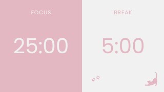 25/5 Pomodoro Timer with a Little Cat 🐈‍⬛🌸 No Music, Light Pink & Soft White Calm Study