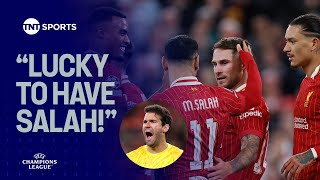 Goalscorer Alexis Mac Allister & birthday boy Alisson react after Liverpool defeat Bologna 🔴 #UCL