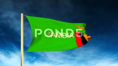 Zambia Flag Slider Style With Title. Waving In The Wind With Cloud Background