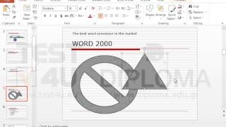 Insert the word triangle as text into the triangular drawing object of the fifth slide.