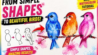 Can 3 Simple Shapes Become Beautiful Birds? 🐦 | Easy Watercolor Tutorial screenshot 5