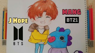 رسم مانج من BT21 مع جيهوب من BTS خطوة بخطوة || Drawing MANG from BT21 with J_hope from BTS