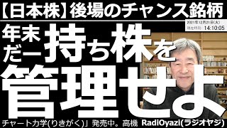 【日本株－後場のチャンス銘柄】年末だ！持ち株を管理せよ！　日経平均は上昇しているが、ひょっとしたら今日は「損切」のチャンス日かもしれない。年末を迎えるにあたって、しっかり持ち株を管理し来年に備えよう。