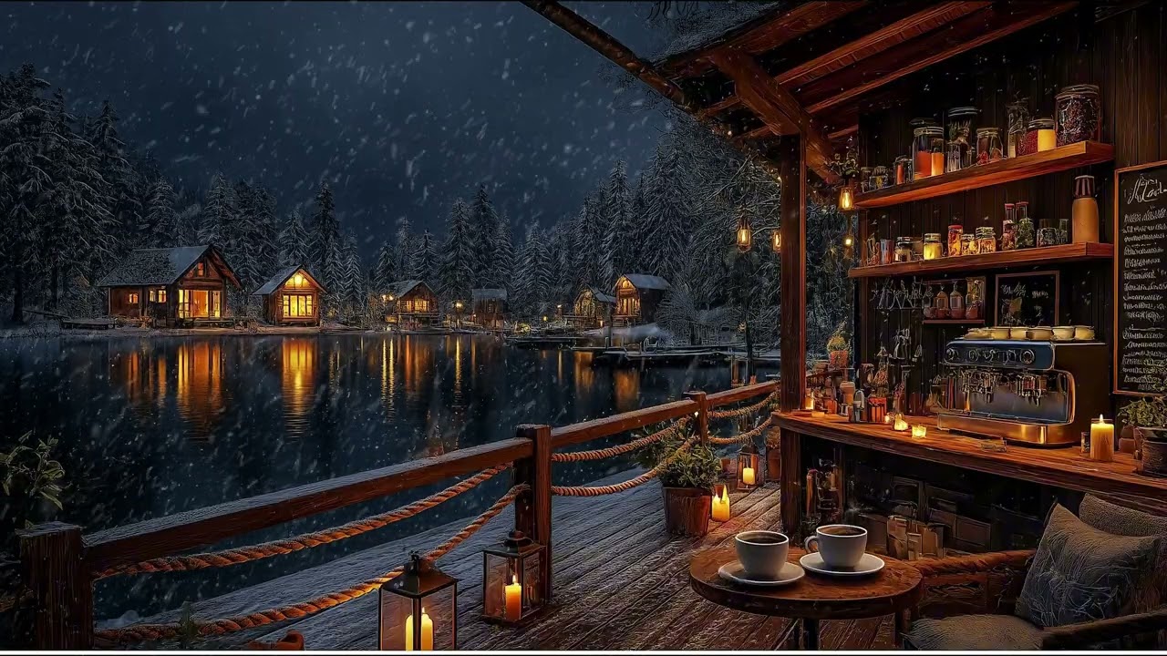 Smooth Jazz Background Music & Fireplace Sounds ⛄ Cozy Winter Lakeside Cafe Ambience to Relax