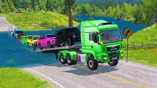 Double Flatbed Trailer Truck vs Speedbumps Train vs Cars Beamng.Drive#002