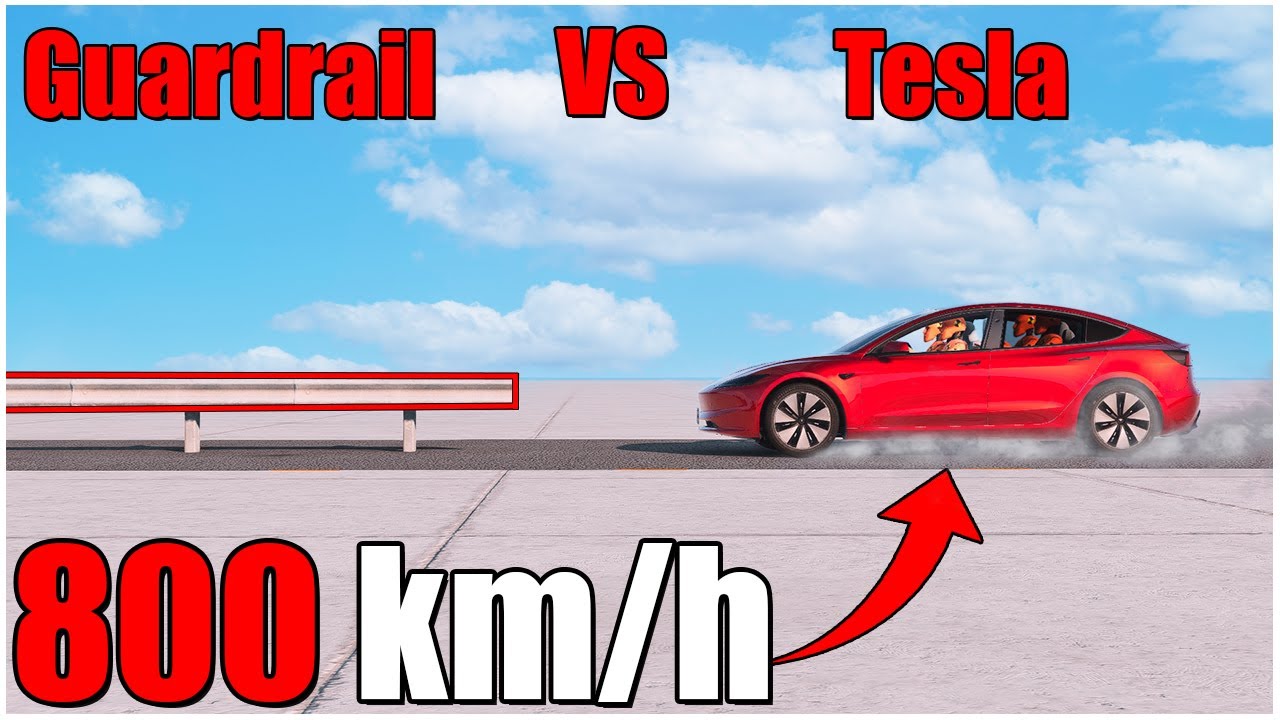 Beamng Drive | Tesla Annihilated 800 km/h Guardrail Impact | #cars ...