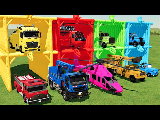 TRANSPORTING BIG TRUCKS, CARS and  HELICOPTER  with TOW TRUCKS! Farming Simulator 22 class=