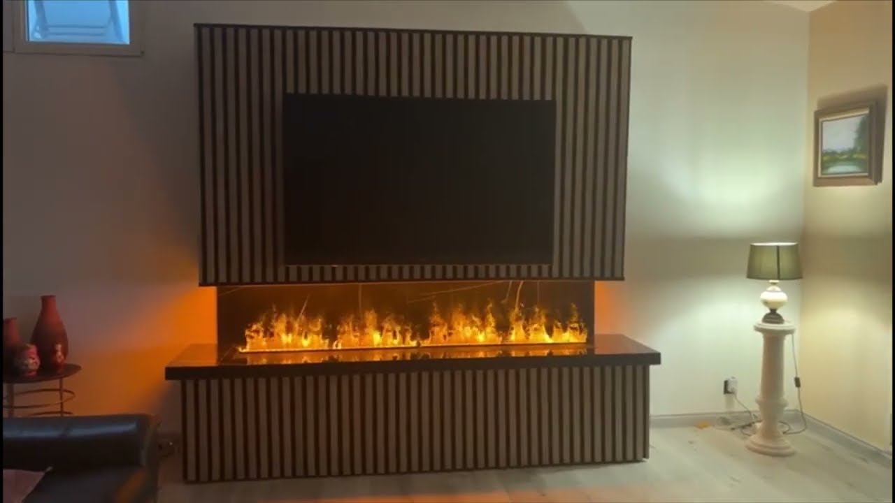 Cheminée à vapeur d'eau Dimplex de 200cm encastrée sous l'écran TV