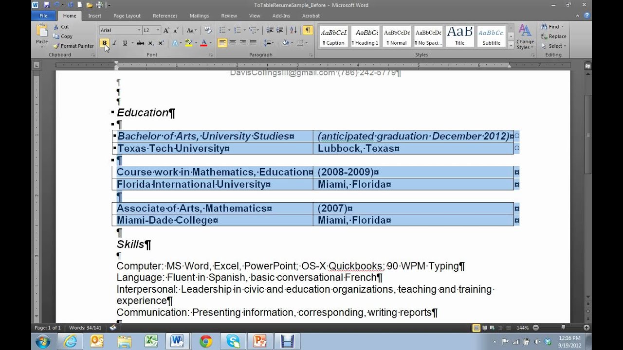 resume format table