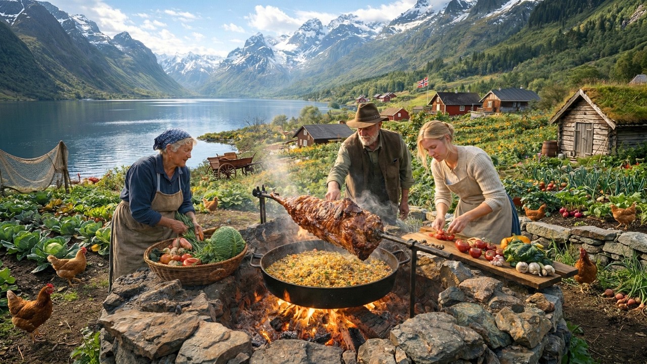 Peaceful Countryside Garden Life - Garden Harvest Pilaf from a Whole Beef Leg Over Open Fire