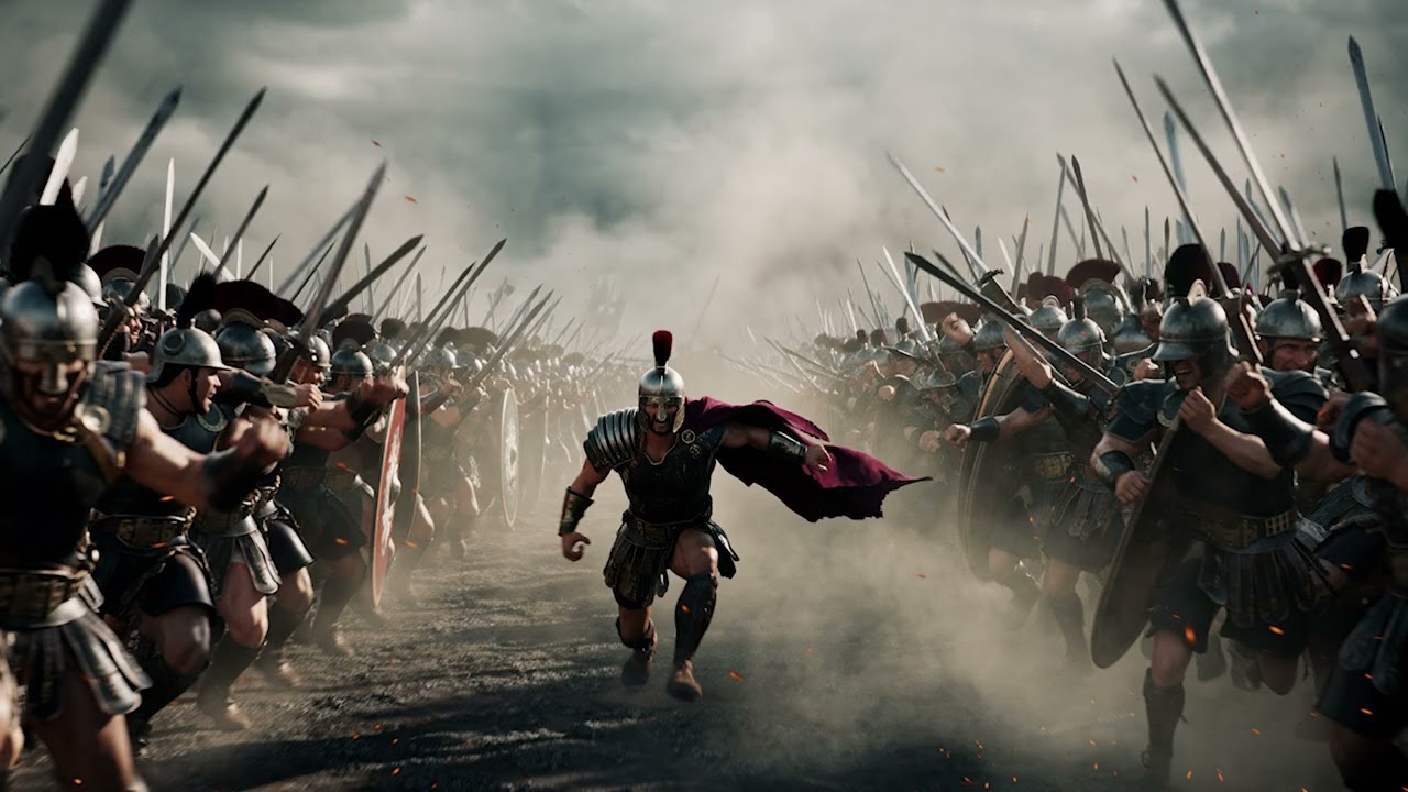 High-energy epic cinematic music with powerful synths and orchestral