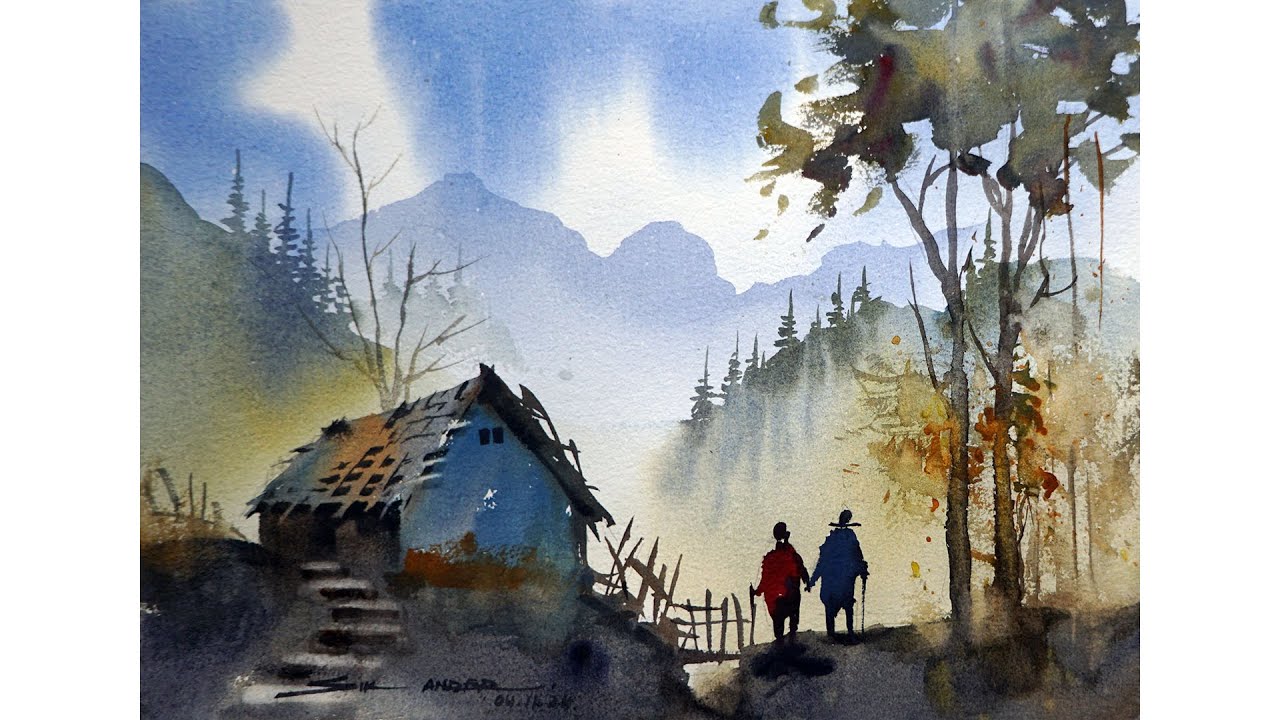 Easy watercolour landscape painting - YouTube