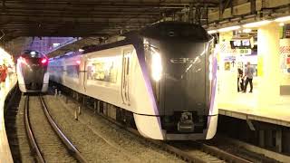 JR新宿駅11番線から、中央本線下り9両編成回送E353系S109長トモが発車!10番線に停車中の、中央本線9両編成回送E353系S113長トモ!