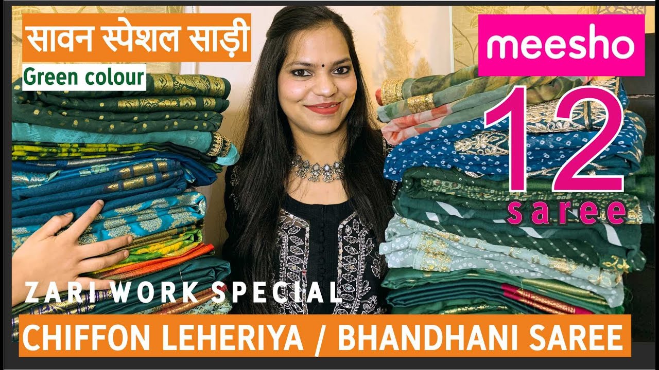 Meesho TOP 12 Green saree || meesho chiffon, laheriya , zari work saree haul ||