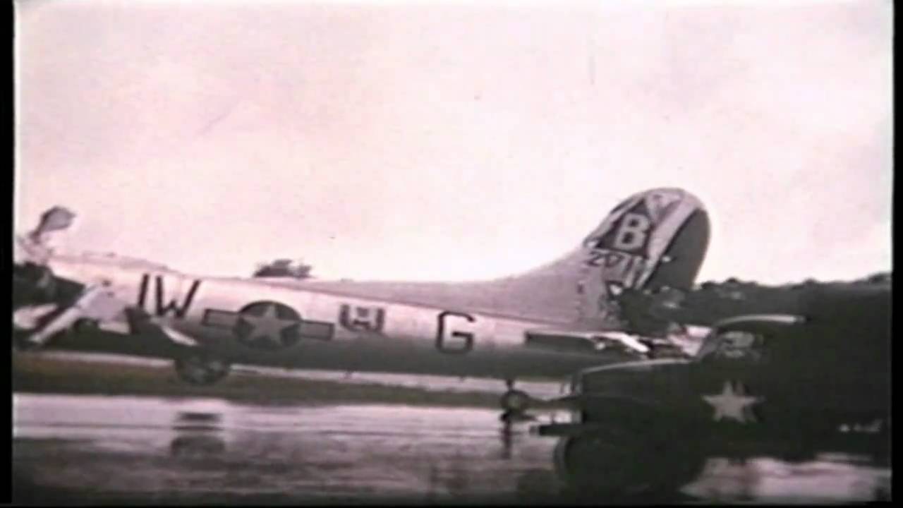 B17 from the 92nd Bomb Group with it's tail and wing shot up it made it made home to Podington UK