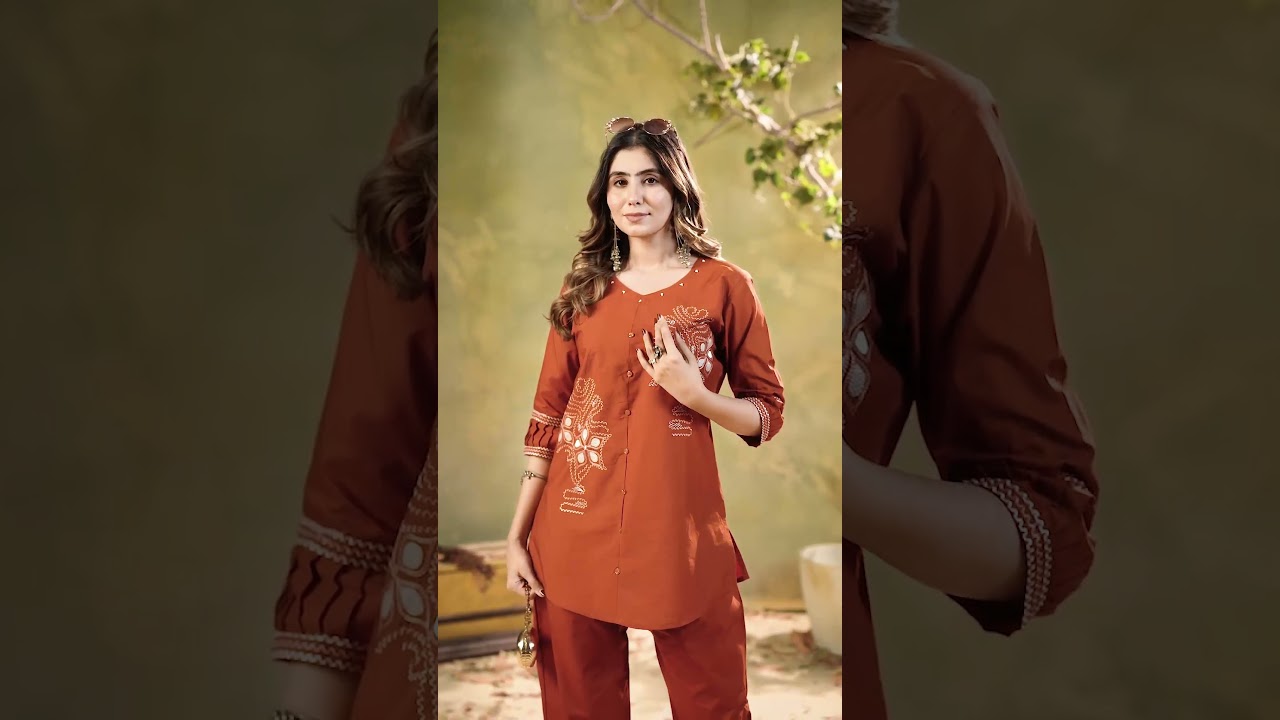 Orange Multi Thread Embroidered Coord Set – Cotton Blend Regular Top Straight Pants