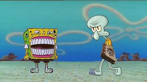 spongebob trying to get a pizza from squidward
