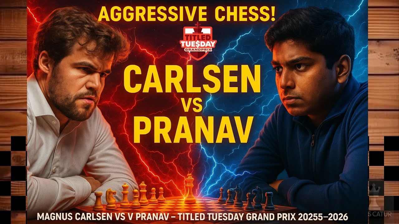 Magnus Carlsen vs V Pranav🔹Titled Tuesday Grand Prix 2025-2026🔹Aggressive Chess!