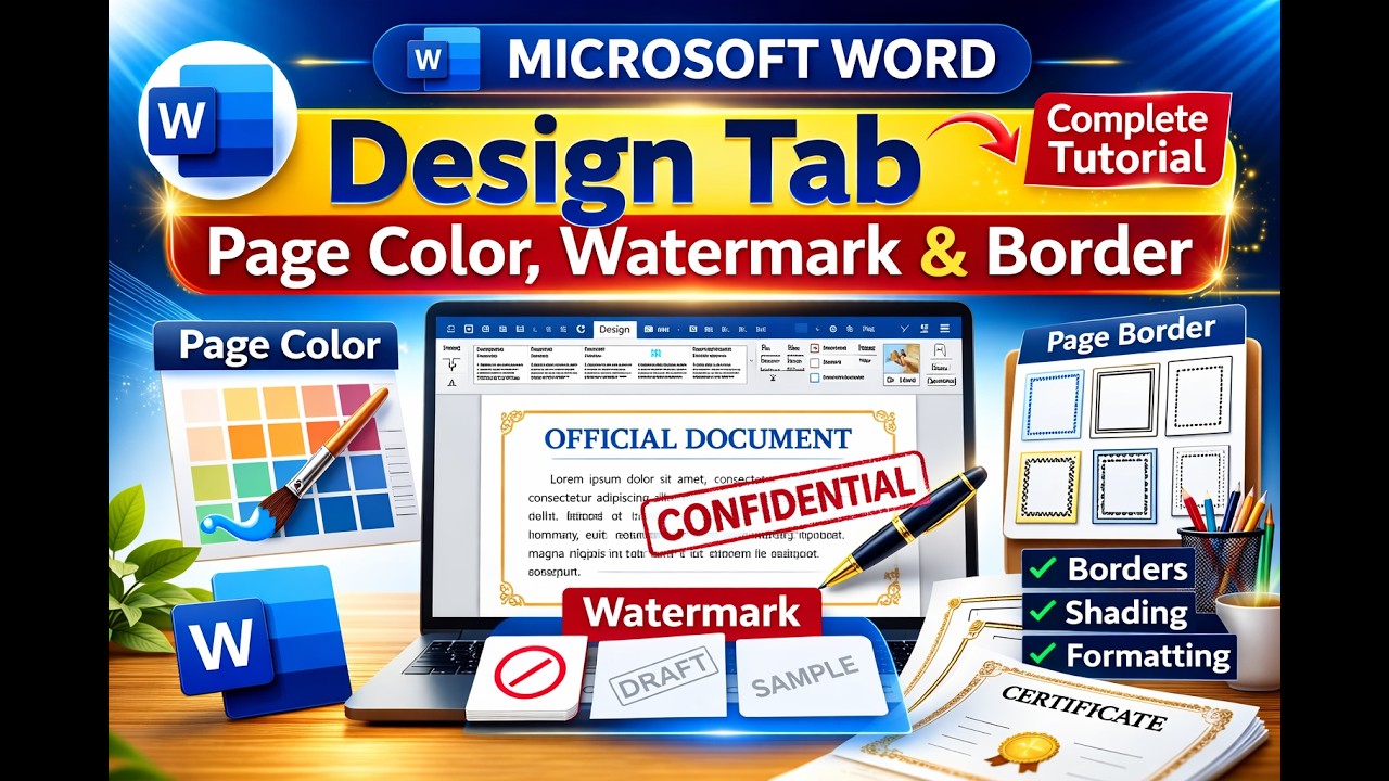Ms Word Design Tutorial Microsoft Word Design Tab | Page Color, Watermark & Page Border ...