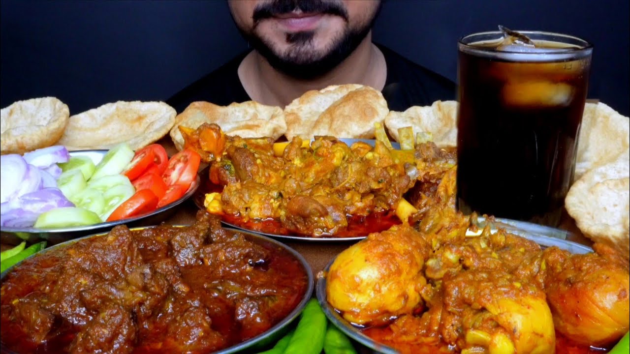ASMR EATING MUTTON CURRY, MUTTON LIVER, CHICKEN LEG PIECE,PURI EATING MUKBANG SHOW 