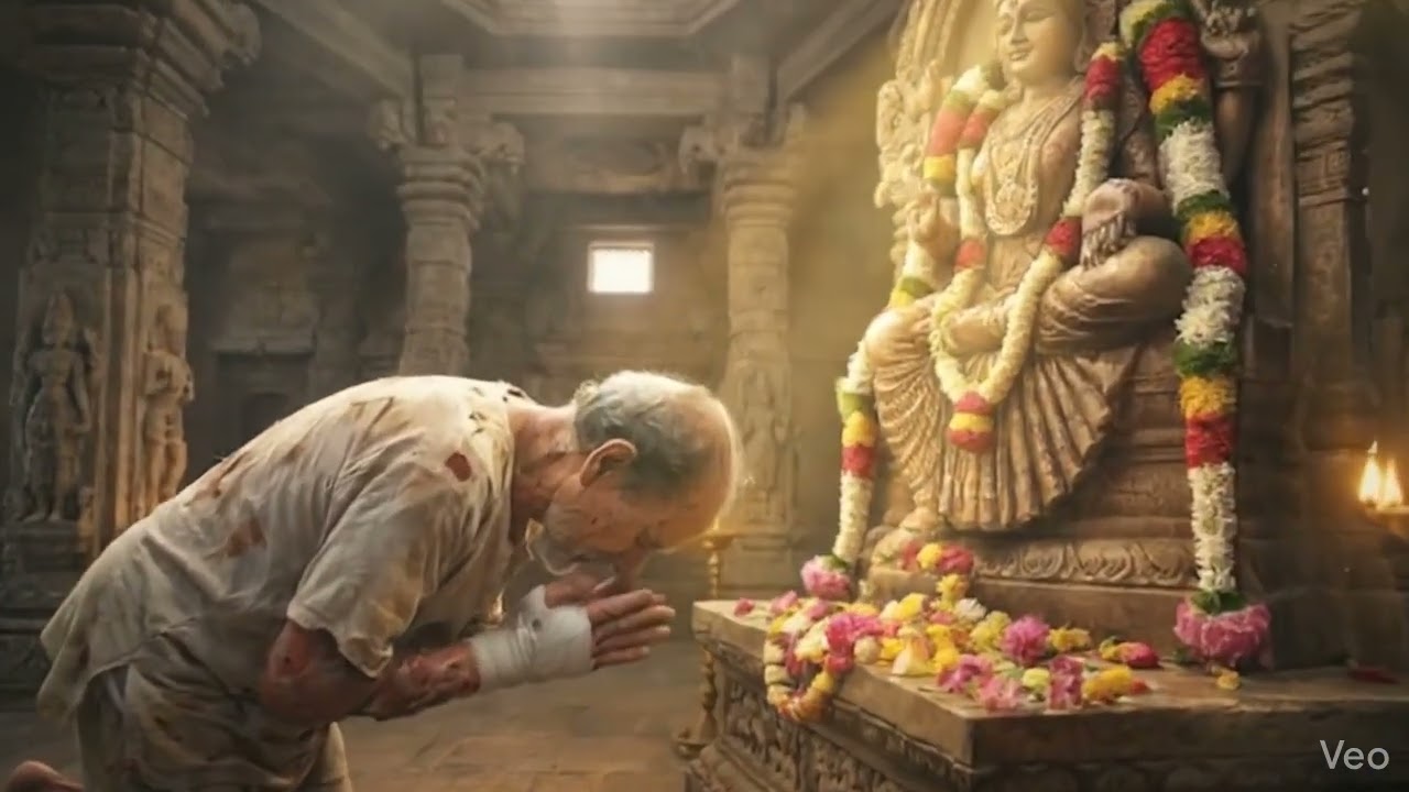 Person is taking blessings from the ancient goddess Temple
