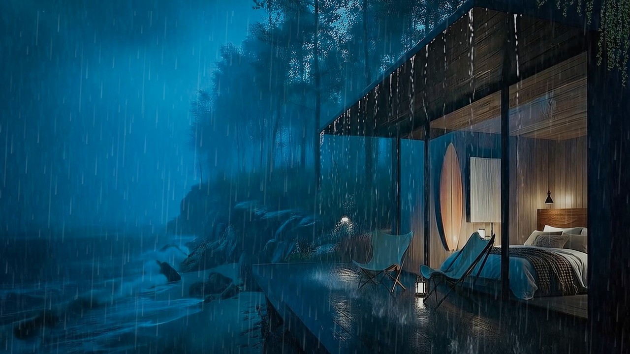 Peaceful Seaside of Rain at Night Near a Cabin to Help You Let Go