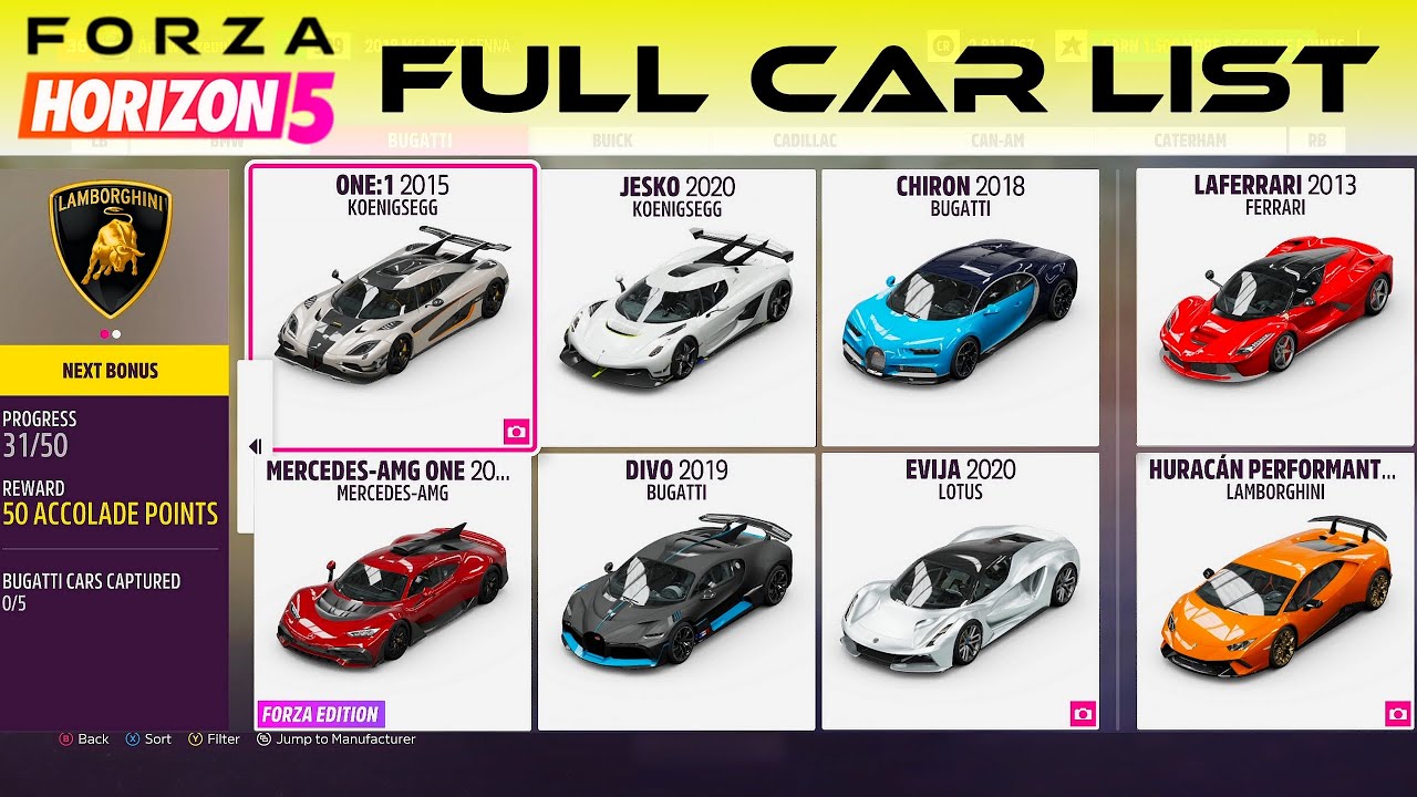 Forza Horizon 5 - FULL CAR LIST + DLC ! - YouTube