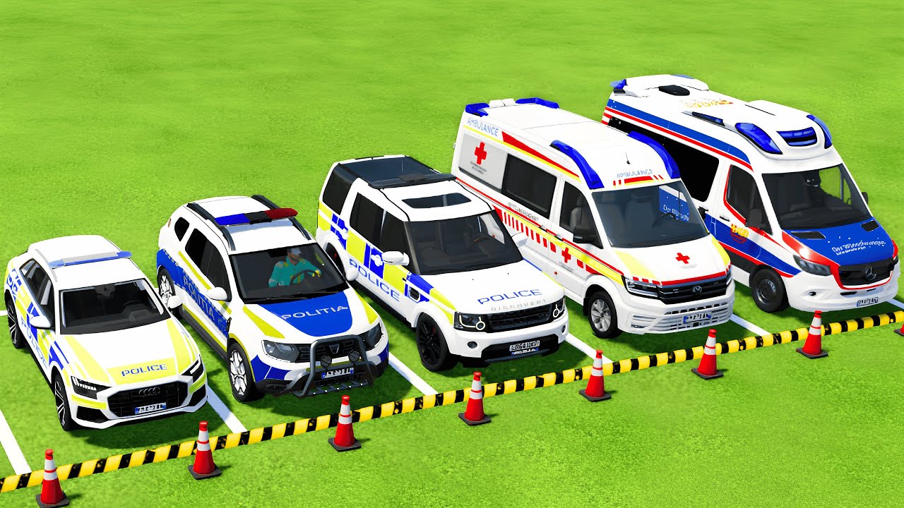 TRANSPORTING ALL POLICE CARS & AMBULANCE EMERGENCY VEHICLES WITH TRUCKS ! Farming Simulator 25