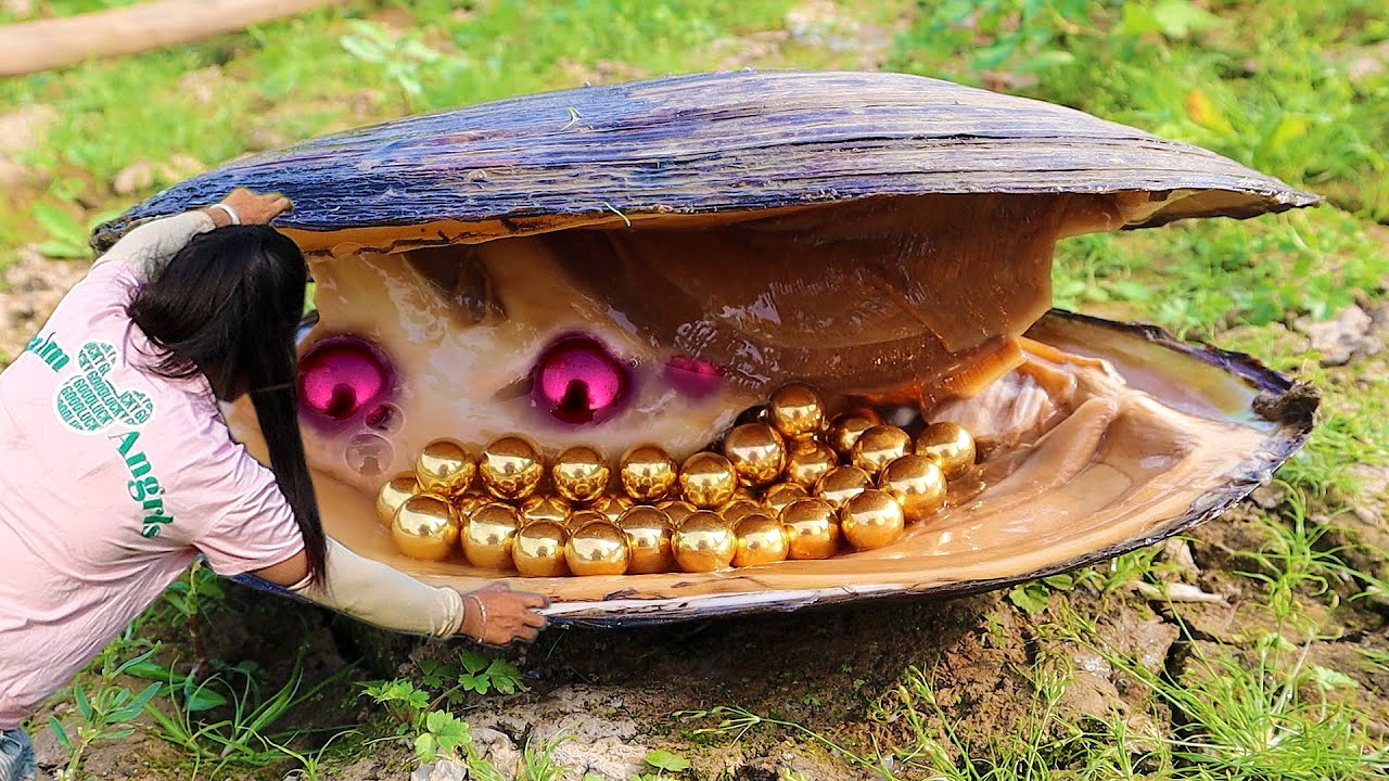 The mussels were covered with large golden pearls, each shining