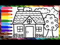 Cmo dibujar una casa  dibuja y colorea una casa con jardn arcoiris  dibujos para nios