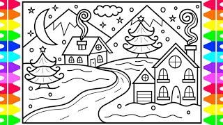 How to Draw Winter Season Scenery ❄️Winter Scenery Drawing and Coloring Page