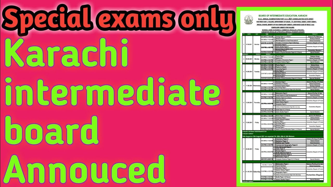 Karachi Board Annouced|Special exams datesheet 2021 xii|